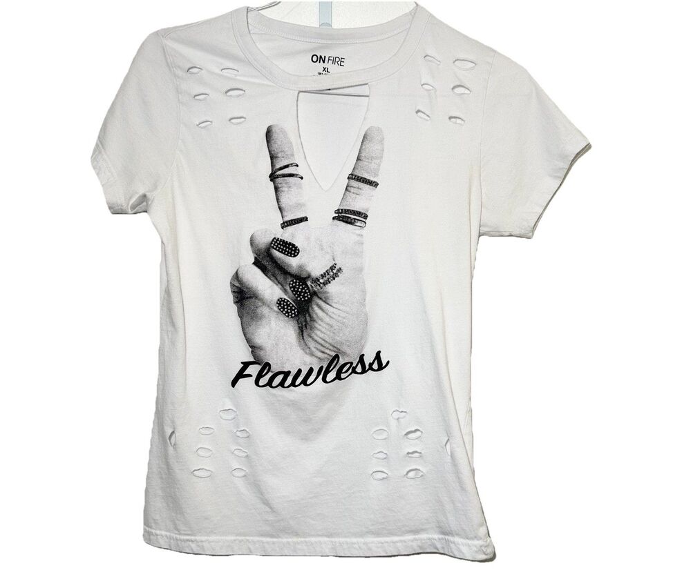 Distressed Graphic Tee Peace Sign Flawless Cutout Neck Grunge XL Cotton